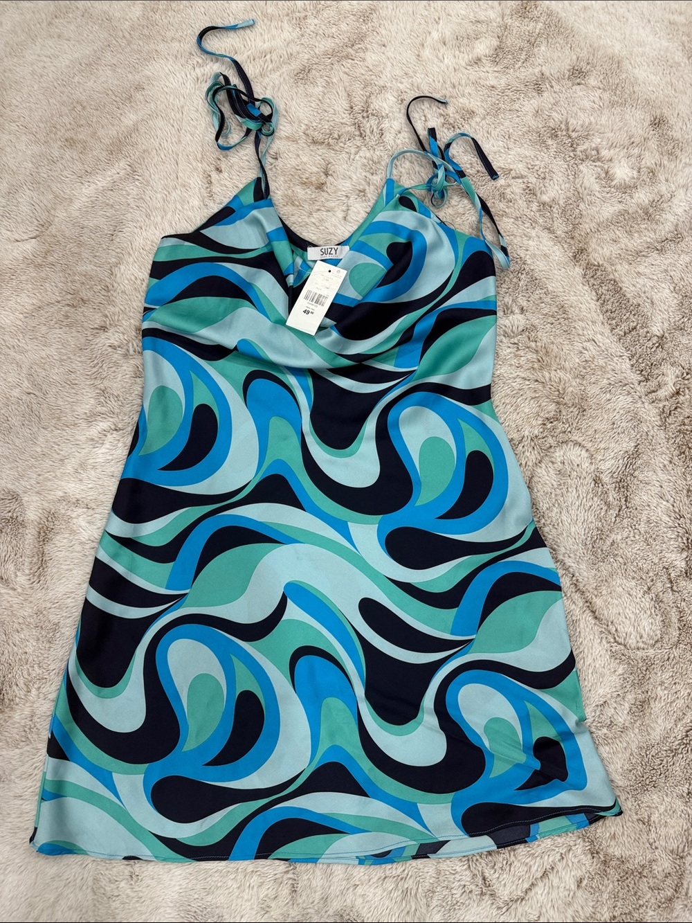 Suzy Shier Teal & Navy Swirl Slip Dress